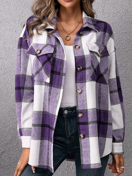 

Loose Casual Double-pocket Single-breasted Plaid Shirt Jackets, Purple, Jackets