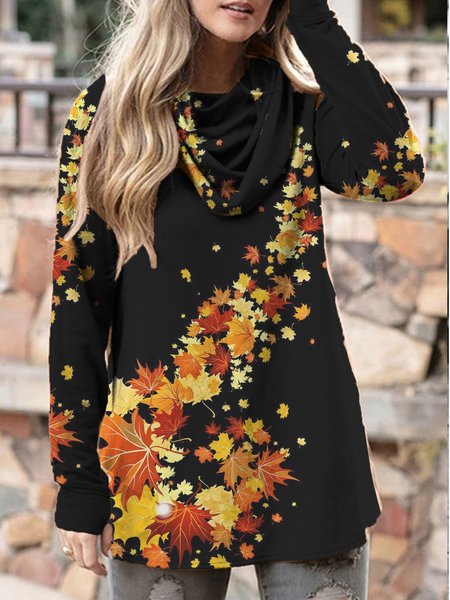 

Leaves Cowl Neck Casual Shirts & Tops, Black, T-Shirts