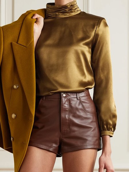 

Regular Fit Stand Collar Simple Top, As picture, Blouses and Shirts