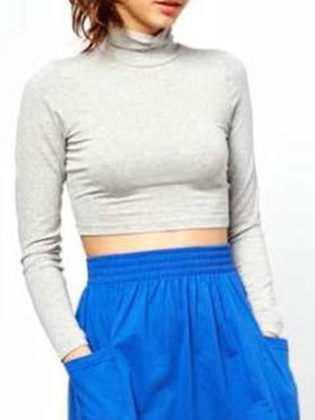 

Casual Solid Long sleeve Slim fit Top, Light gray, Tops