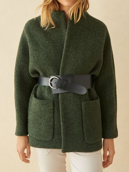 

Stand Collar Solid Pockets Outerwear, Green, Jackets
