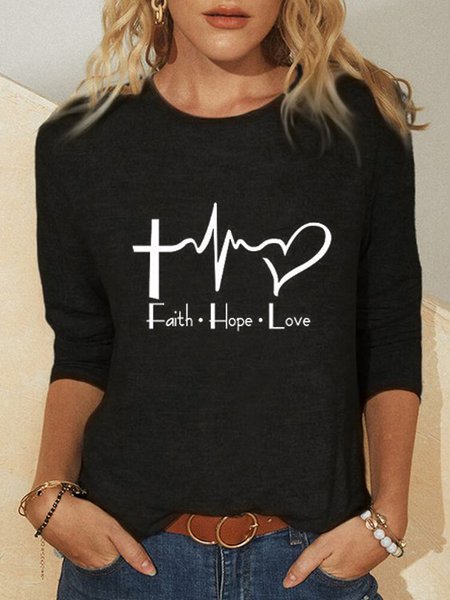 

Letter Crew Neck Long Sleeve Casual Shirts & Tops, Black, T-Shirts