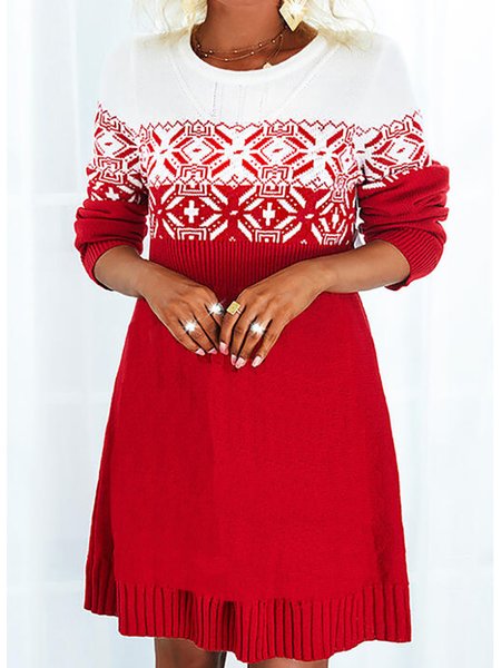 

Fashion Color Block Snowflake Print Knee-length Dresses, Red, Casual Dresses