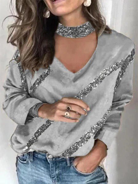 

Brillante a Righe Disegno Maniche Lunghe Scollo a V taglia grande Casuale Top, Grigio, Blouses & Shirts