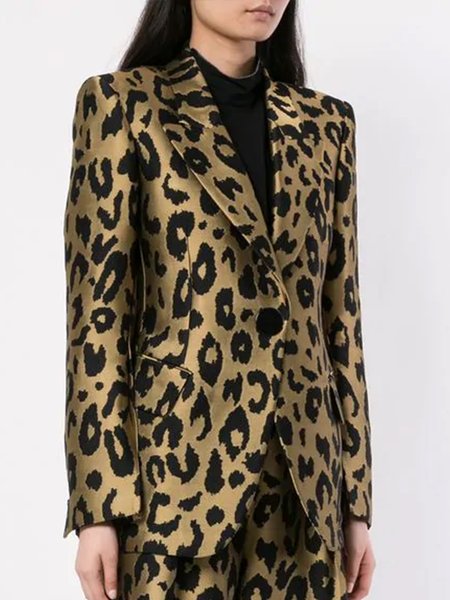 

Regular Fit Leopard Flat Collar Outerwear, As picture, Blazers