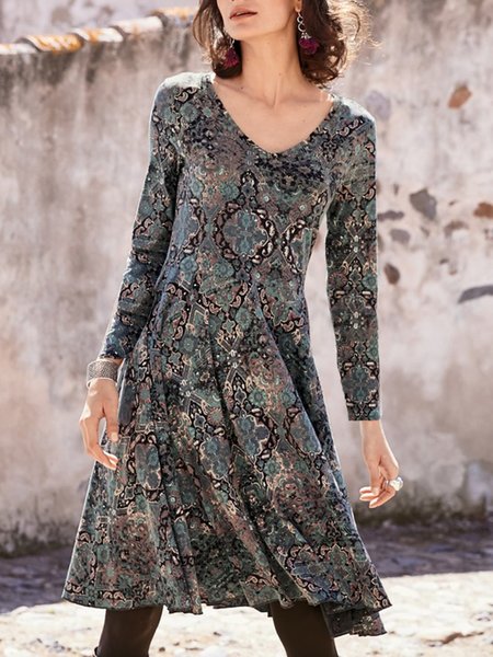 

Vintage Casual Printed Long Sleeve A-line Dresses, Multicolor, Mini Dresses