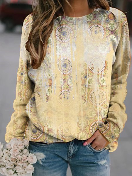 

Crew Neck Ethnic Loosen Sweatshirt, Yellow, Hoodies & Sweatshirts