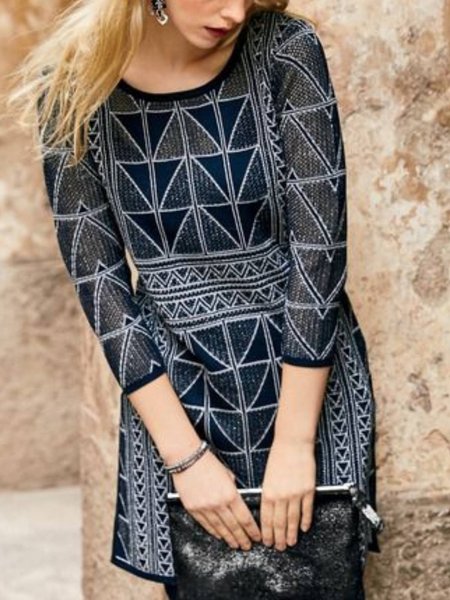 

Long Sleeve Crew Neck Printed Dresses, Multicolor, Mini Dresses