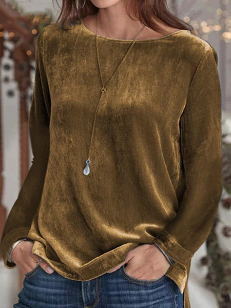 Girocollo Casuale Allentare Top, Caffè, Blouses & Shirts