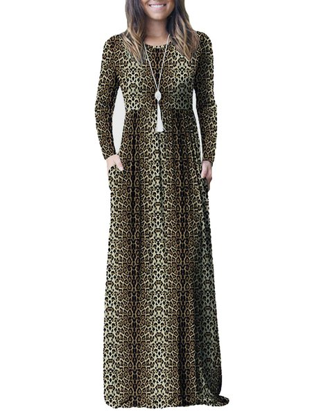 

Crew Neck Leopard Casual Maxi Dress, Brown 2, Maxi Dresses