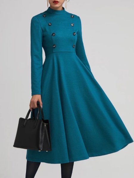 Elegant Long Sleeve Buttoned Solid Dress, As picture, Midi Dresses