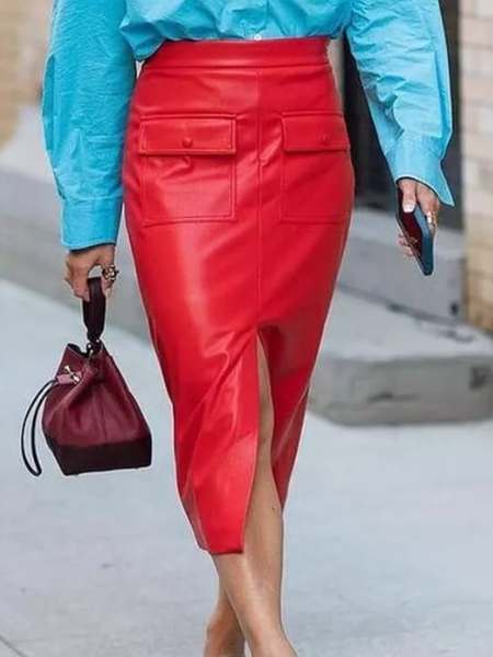 

Solid Elegant Regular fit Straight Skirt, Red, Midi Skirts