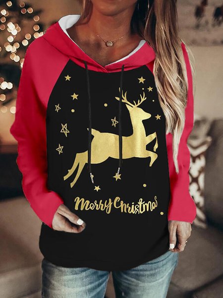 

Christmas Print Color Block Letters Reindeer Hooded Sweatshirt, Black, Sweatshirts & Hoodies