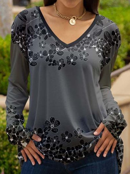 Long sleeve V-neck plant flower print gradient top T-shirt women, Gray, Long sleeve tops