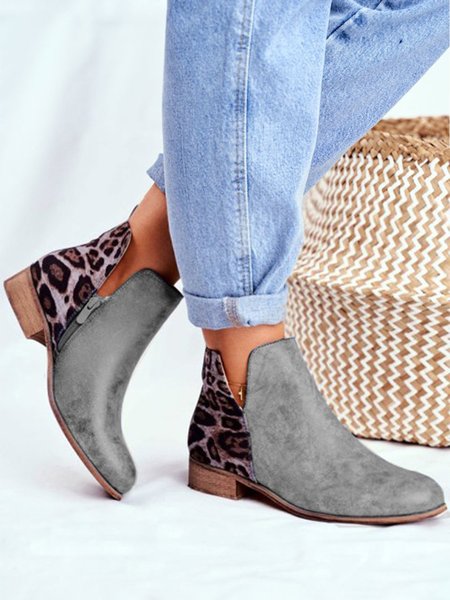 

Casual Stitching Leopard Print Zipper Short Boots, Gray, Boots