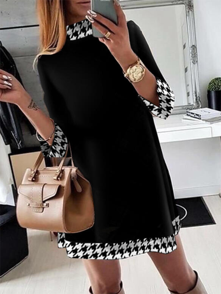 

Color Block Stand Collar Long Sleeve Casual Dresses, Black, Mini Dresses