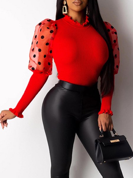 

Ruffle Collar Elegant Skinny Top, Red, Tops