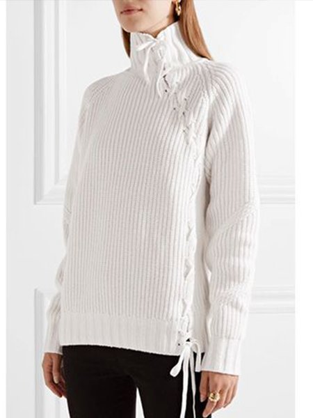 

Lace-Up High Neck Solid Sweater, White, Pullovers