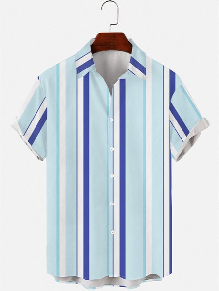 

Mens Blue Striped Print Round Hem Loose Short Sleeve Shirts, Men's Floral shirt
