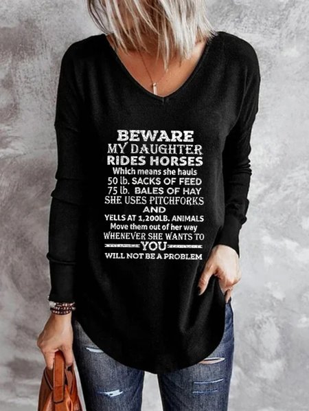 

Letter Casual V Neck Shirts & Tops, Black, T-Shirts