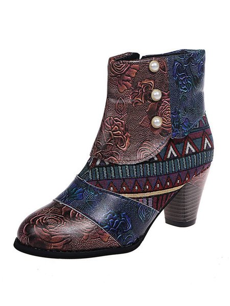 Personalized Ethnic Pearl Stitching Ankle Boots, As picture, Boots