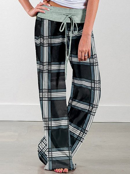 

Grid Printed Draw string Elastic Wais Loosen Pants, Black-grey, Leggings