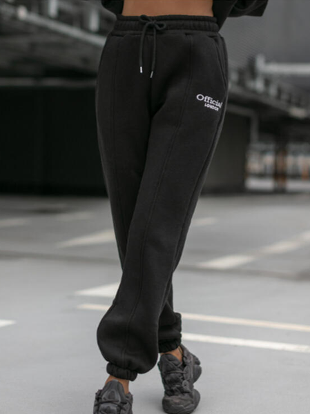 

Print Letter Long Casual Sporty Plus Size Drawstring Pants, Black, Pants