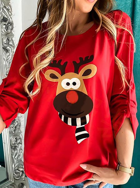 

Christmas Elk Print Casual Round Neck Long Sleeve T-Shirts & Tops, Red, Long sleeve tops