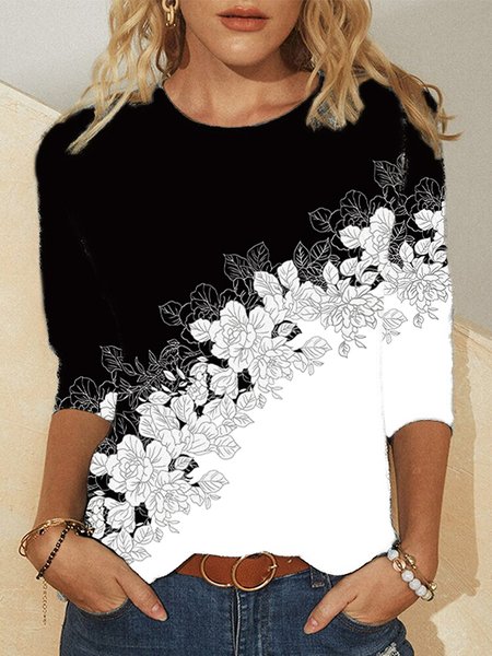 

Floreale Girocollo Maniche Lunghe Casuale Top, Nero-bianco, T-Shirts