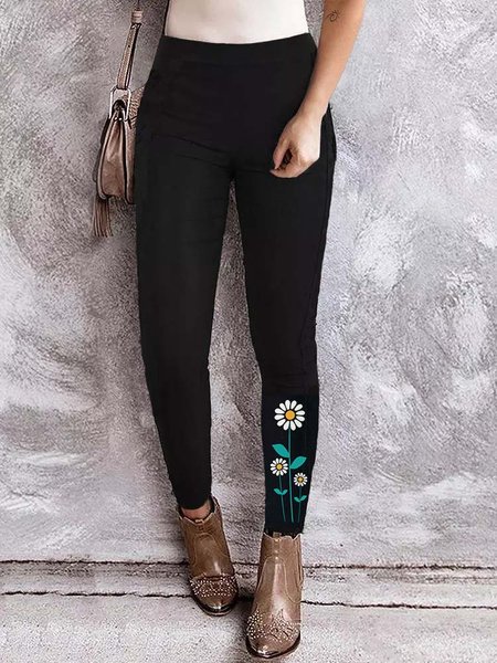 

Cotton Blends Floral Pants, Black, leggings