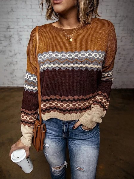 

Crew Neck Loosen Casual Striped Sweater, Multicolor, Sweaters