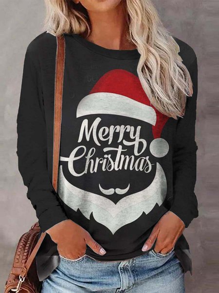 

Christmas Snowman Casual Cotton Blends Shirts & Tops, Black, T-Shirts