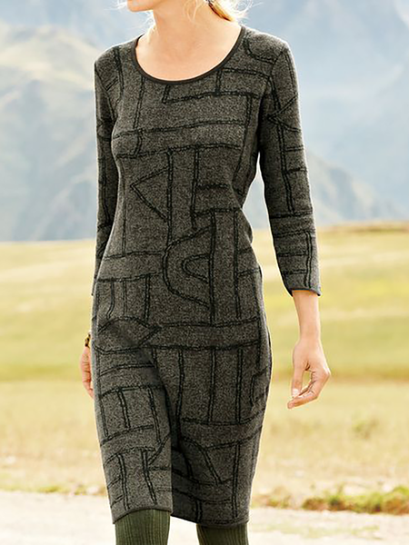 

Plus size Crew Neck Casual Geometric Printed Dresses, Gray, Mini Dresses
