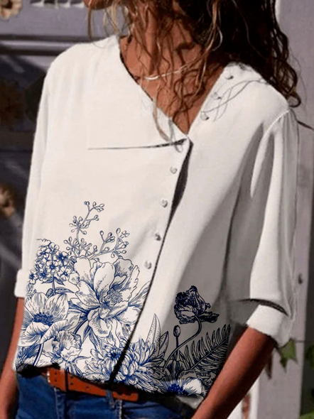 Elegant Loosen Floral Shirts & Tops, White, Shirts & Blouses