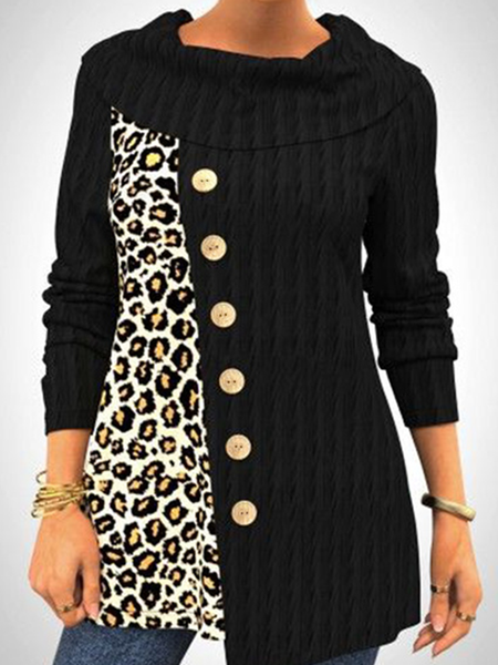

Long sleeve large lapel black twist print stitched leopard medium length Top T-shirt, Tees & T-shirts