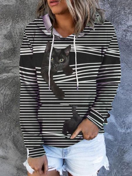 

Black Cat Casual Animal Sweatshirt, As picture, Hoodies&Sweatshirts