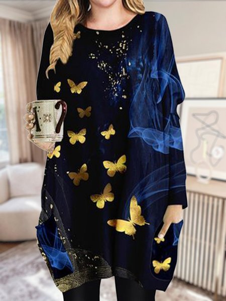

Butterfly Casual Scoop Neckline Shirts & Tops（accessory not included）, Black, Long sleeve tops