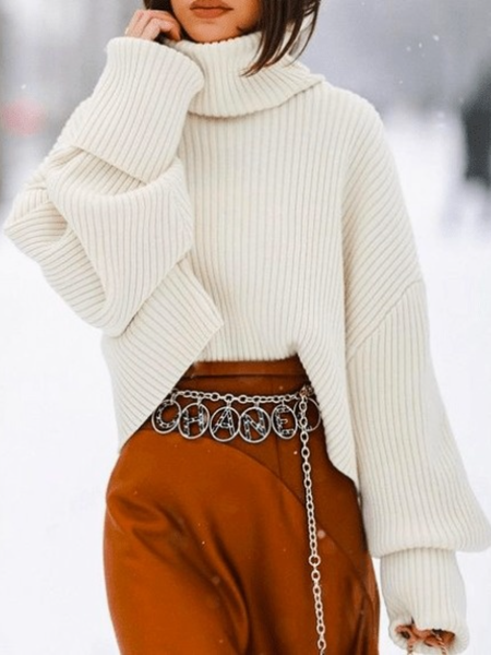 

Winter Loosen Long sleeve Daily High Stretch Sweater, White, Pullovers