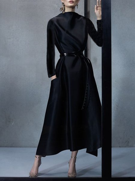 

Long Sleeve Solid Elegant Regular Fit Midi Dress, Black, Maxi Dresses