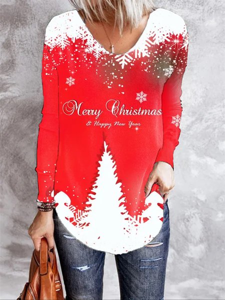 

Christmas Casual V Neck Printed Shirts & Tops, Red, Tops
