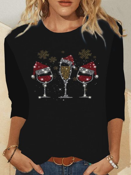 

Crew Neck Christmas Snowman Casual Shirts & Tops, Black, T-Shirts