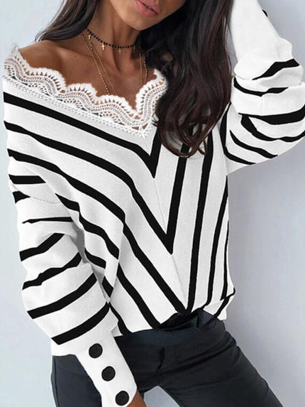 

Casual V Neck Loosen Shirts & Tops, Black-white, Long sleeve tops