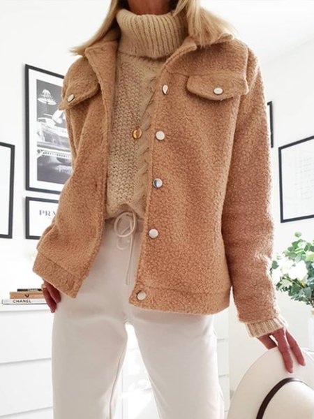 

Casual Simple Solid Teddy Coat, Khaki, Jackets