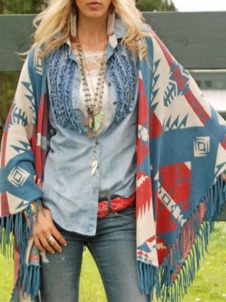 

Boho Geometric Printed Tassel Plus Size Casual Cardigan, Multicolor, Outerwear