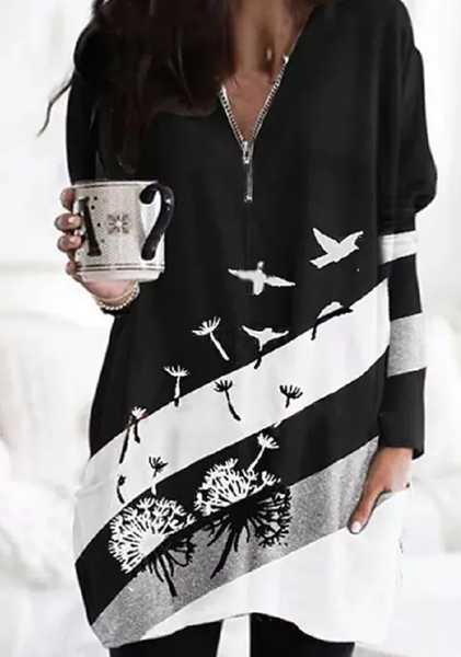 

Loosen Off Shoulder V Neck Casual Shirts & Tops Black and white butterfly dandelion pattern zipper neckline long top, Long sleeve tops