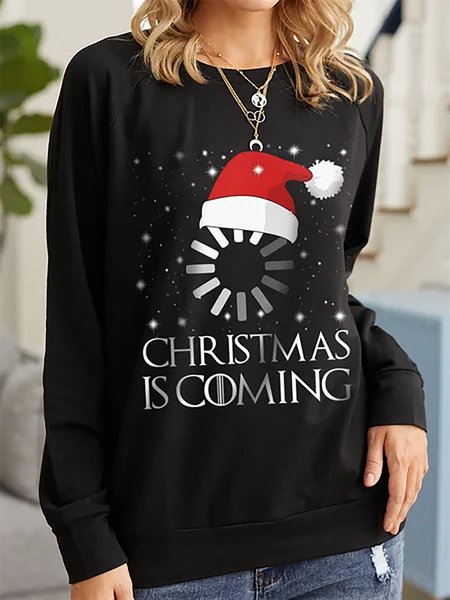 

Christmas Pattern Printed Long Sleeves Shirts & Tops, Black, Tops