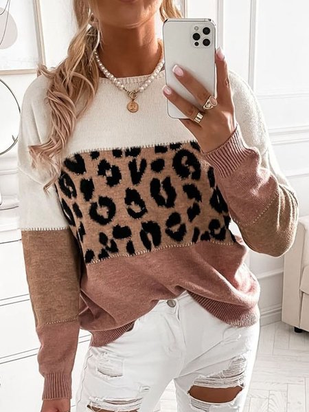 

Loosen Crew Neck Leopard Sweater, Multicolor, Knitwear & Sweaters