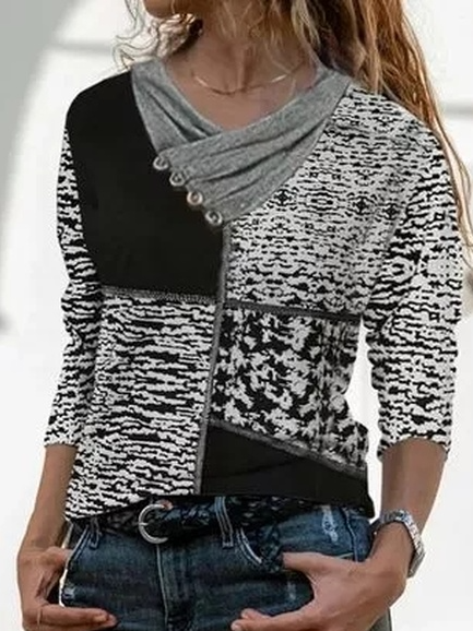 

Cotton Blends Geometric Shirts & Tops, Black-grey, Long sleeve tops