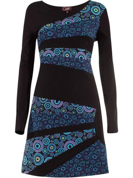 

Casual Long Sleeve V Neck Printed Dresses, Blue, Mini Dresses