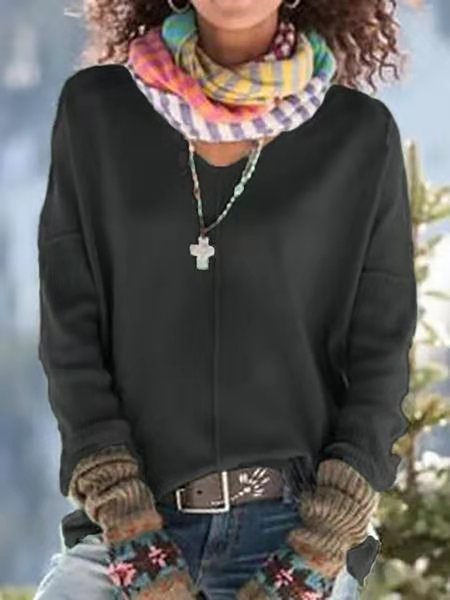 

Solid V Neck Long Sleeves Shirts & Tops, Black, Tops